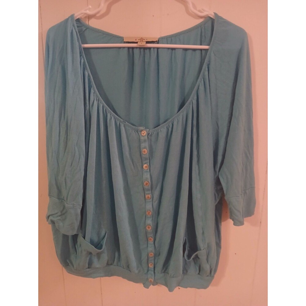 Fever Womens Peasant Boho Top Size Large Blue 3/4 Sleeve Hippie